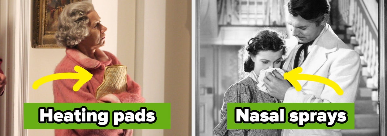 Split image: Left shows a person holding a heating pad, right shows a couple using nasal sprays with humorous captions