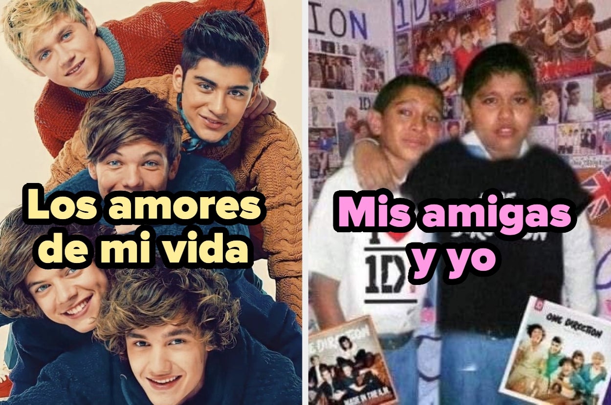 Foto dividida. Izquierda: grupo de chicos apilados, sonrientes. Derecha: dos niñas posan con pósters de banda famosa. Texto: "Los amores de mi vida", "Mis amigas y yo"