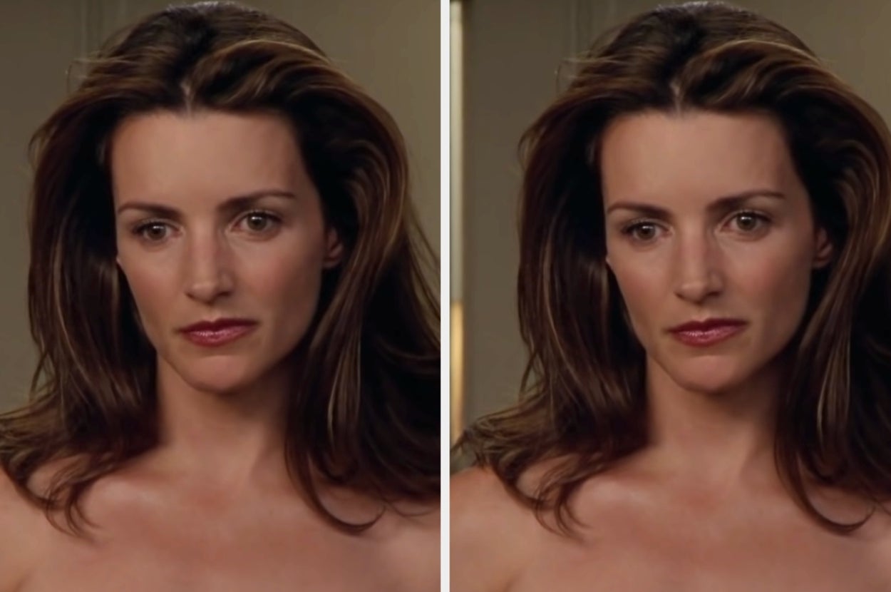 A woman with long hair looks thoughtfully to the side, with a calm expression