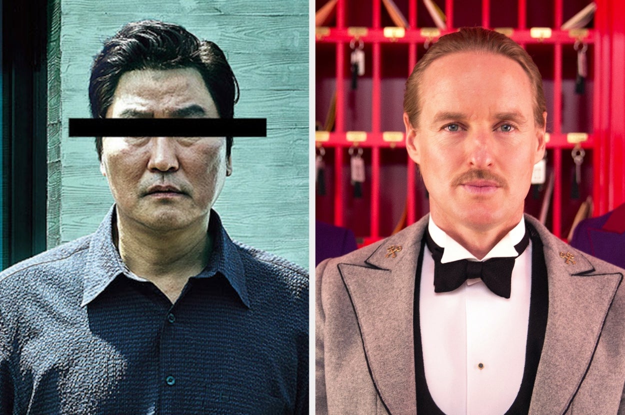 left, SONG Kang-ho in "Parasite" with eyes obscured; right, Owen Wilson in "The Grand Budapest Hotel" in a formal suit with a bow tie, standing in front of red shelves