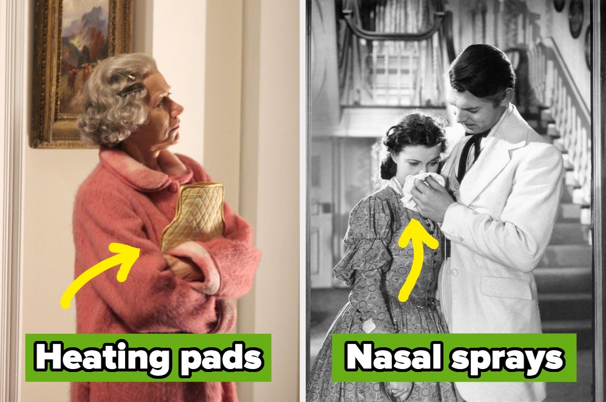 Split image: Left shows a person holding a heating pad, right shows a couple using nasal sprays with humorous captions