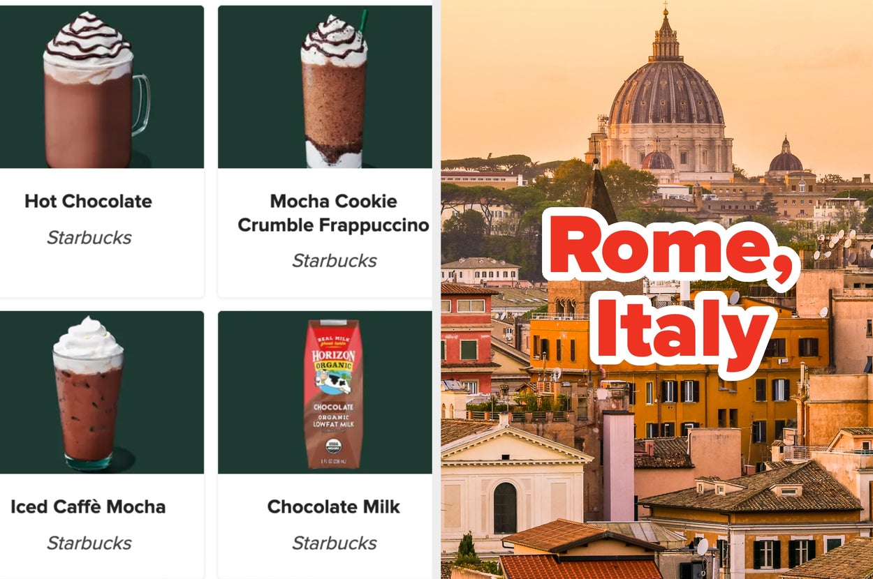 Four Starbucks drink images on the left: Hot Chocolate, Mocha Cookie Crumble Frappuccino, Iced Caffè Mocha, Chocolate Milk. Rome skyline on the right