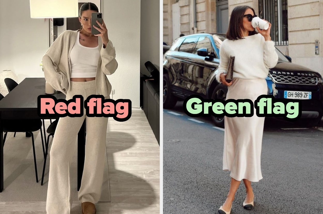 Montaje de dos imágenes de moda: a la izquierda, atuendo lounge informal con texto "Red flag"; a la derecha, look elegante con texto "Green flag"