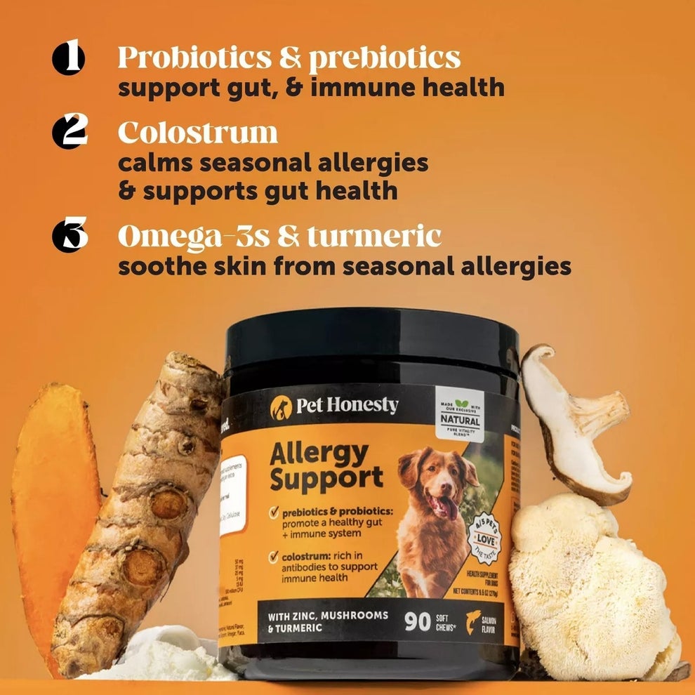 Pet Honesty Allergy Support supplement with probiotics, prebiotics, colostrum, omega-3s, turmeric, zinc, mushrooms, and turmeric for dog health