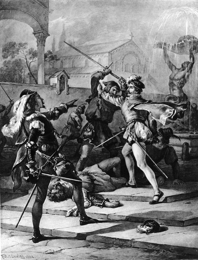 Medieval scene with two men in elaborate attire and swords drawn, surrounded by onlookers, likely depicting a historic or literary duel