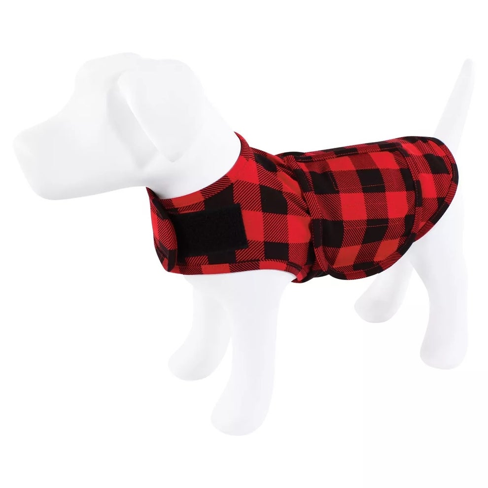 Dog mannequin wearing a plaid jacket, suitable for pet fashion shopping