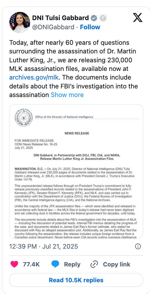 Tweet from Tulsi Gabbard discussing the 2023 release of documents about Martin Luther King Jr.&#x27;s assassination, including FBI investigation details