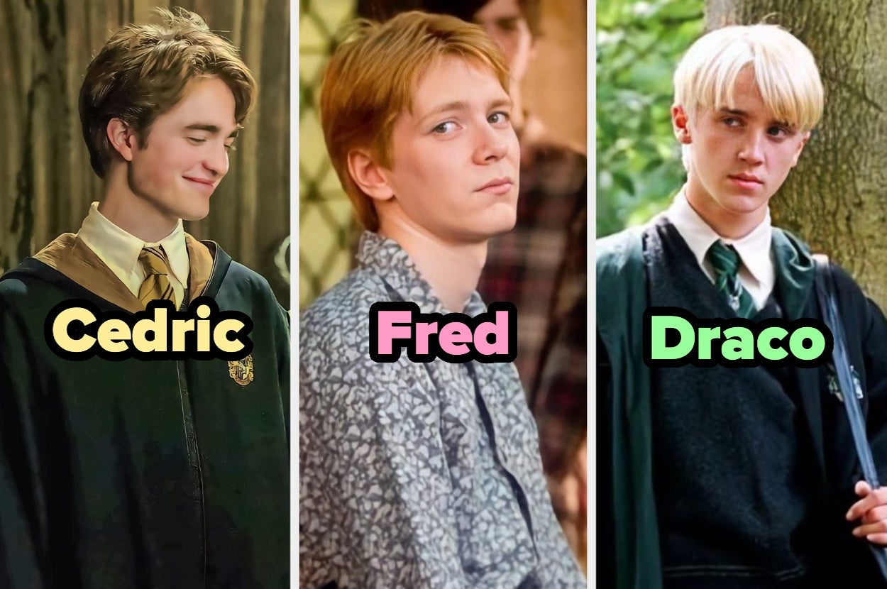 Montaje de tres personajes de Harry Potter: Cedric, Fred y Draco, vestidos con trajes característicos de la saga
