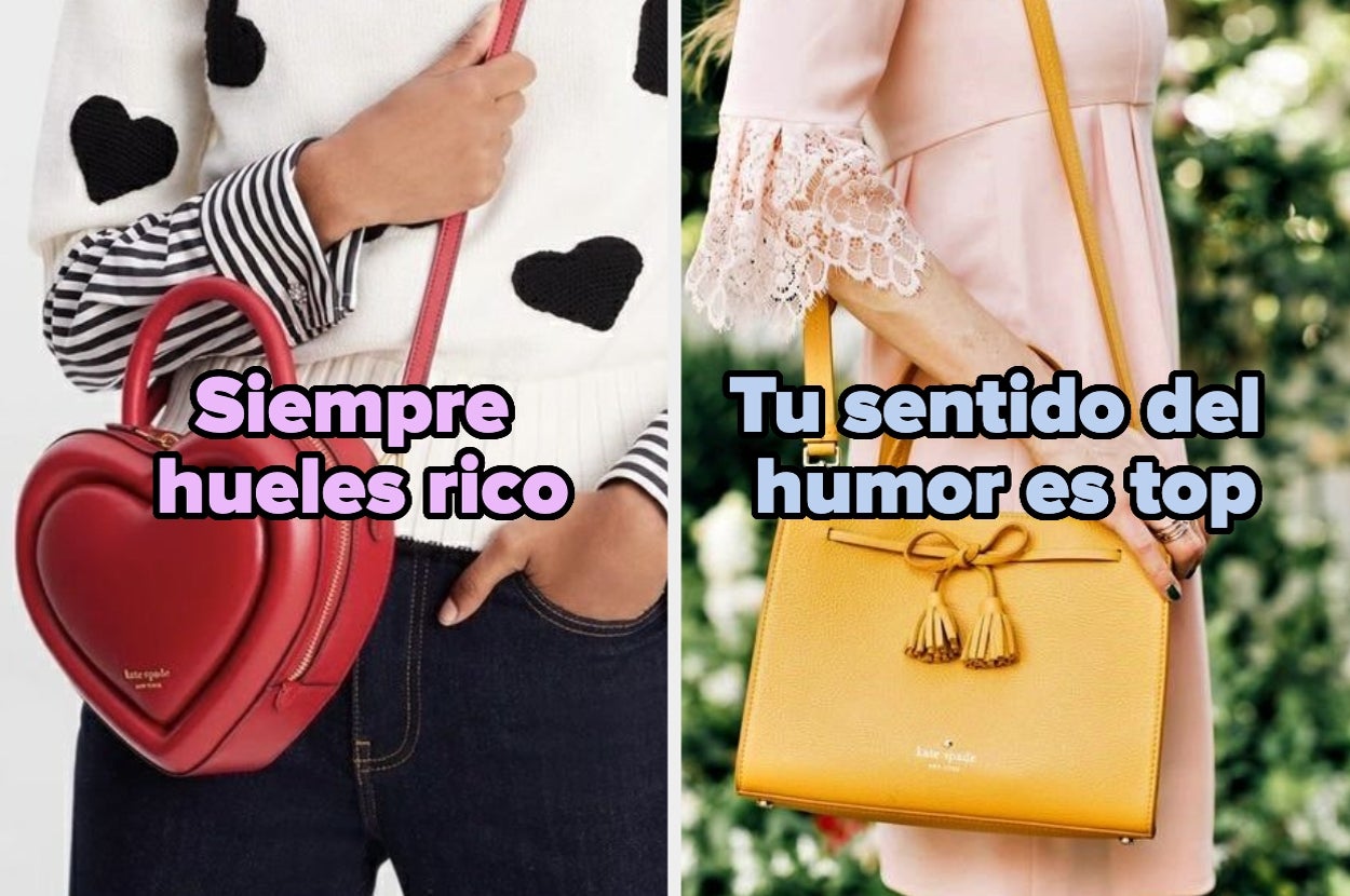 Una persona con bolso rojo en forma de corazón y otra con bolso amarillo, texto: "Siempre hueles rico" y "Tu sentido del humor es top"