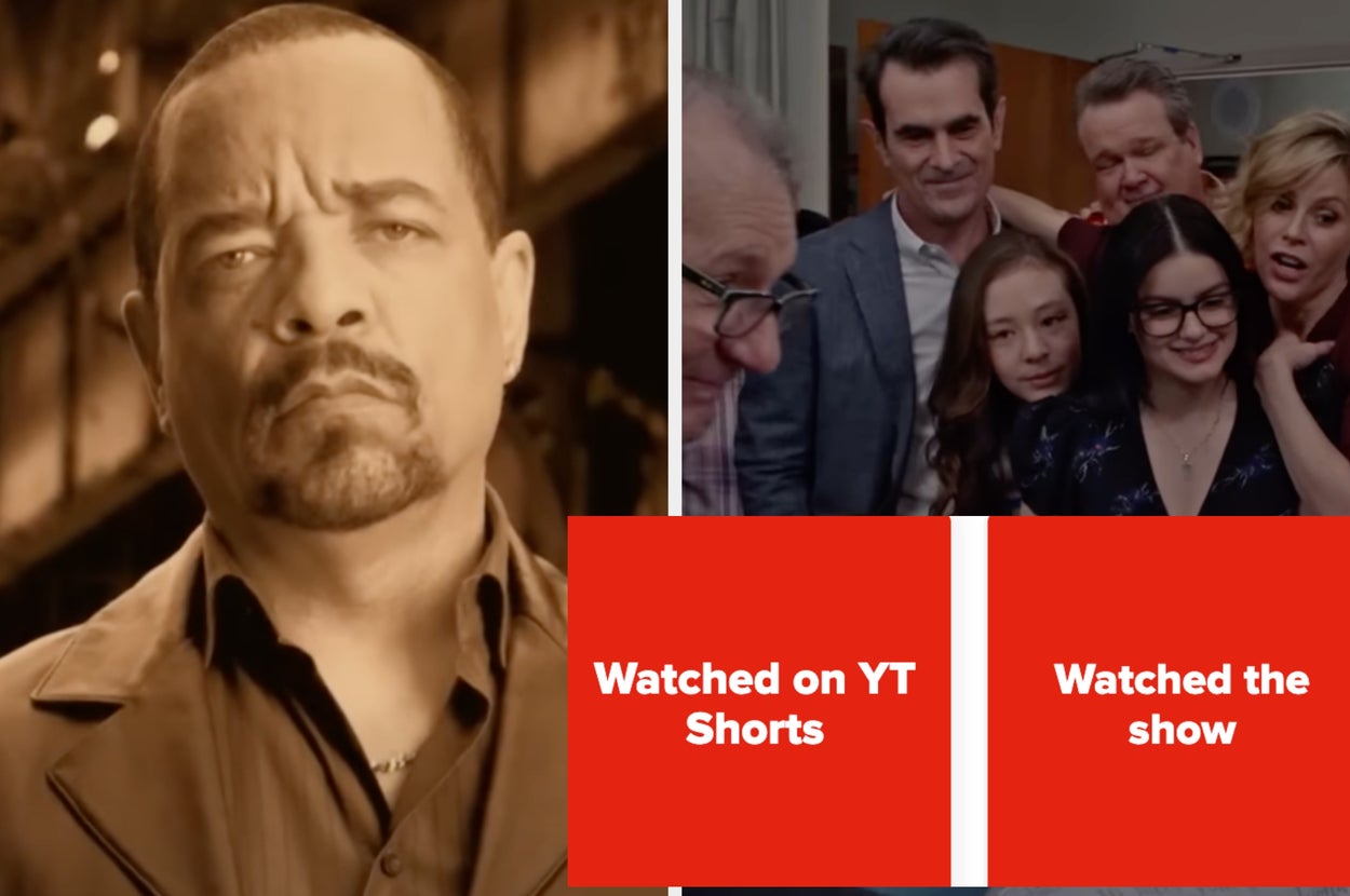Split image: Left shows a serious man in a drama; right features modern family sitcom cast posing for a selfie together