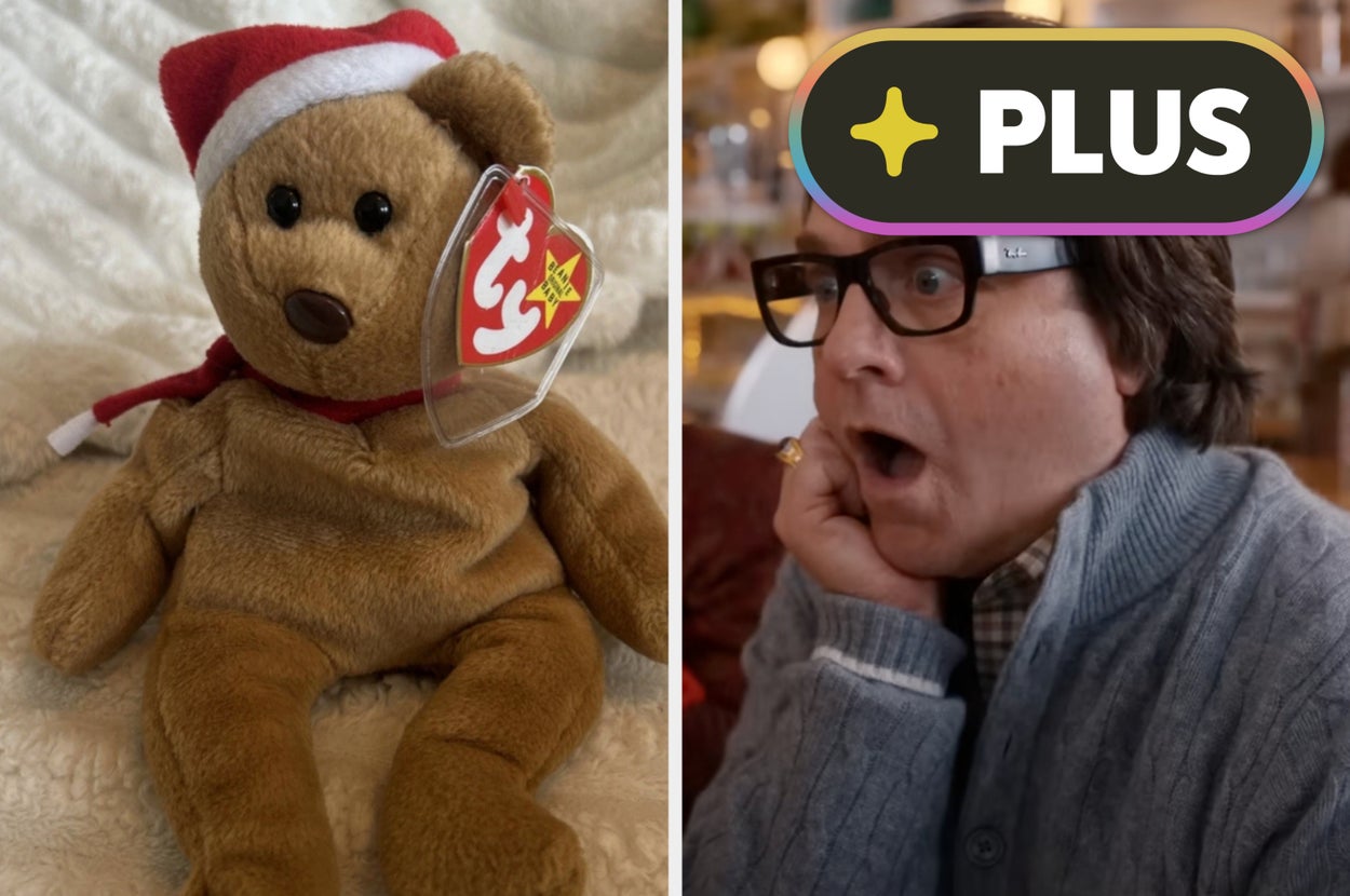 A surprised person in glasses reacts beside a rare Beanie Baby with a tag. They wear a sweater and have an expression of amazement