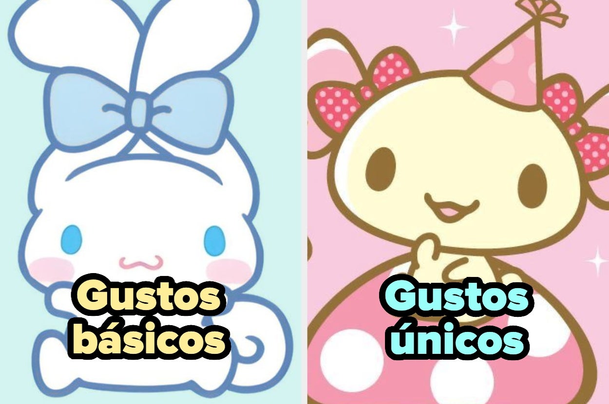 Dos personajes de dibujos animados. El de la izquierda tiene un lazo; el de la derecha lleva un gorro de fiesta. Texto: "Gustos básicos" y "Gustos únicos"