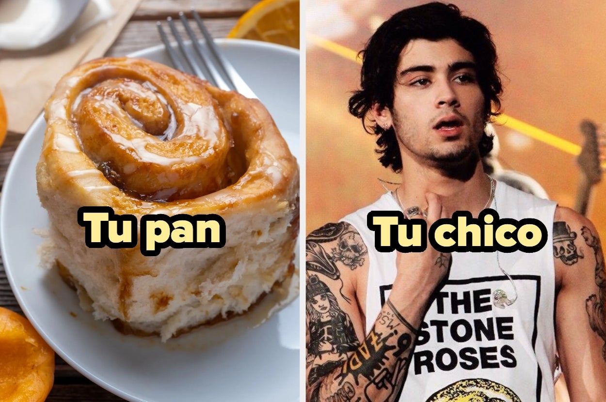 Montaje de un rollo de canela etiquetado como "Tu pan" y un joven con tatuajes etiquetado como "Tu chico"