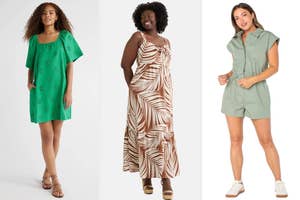 Three models showcase summer outfits: a short dress with floral pattern, a long dress with palm design, and a short-sleeve romper