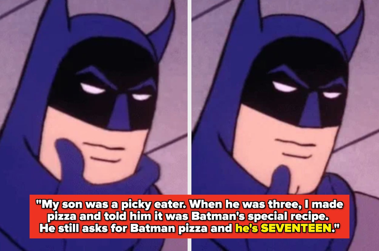 Close-up of an illustrated character resembling Batman with a humorous text overlay about a teenager still asking for “Batman pizza.”