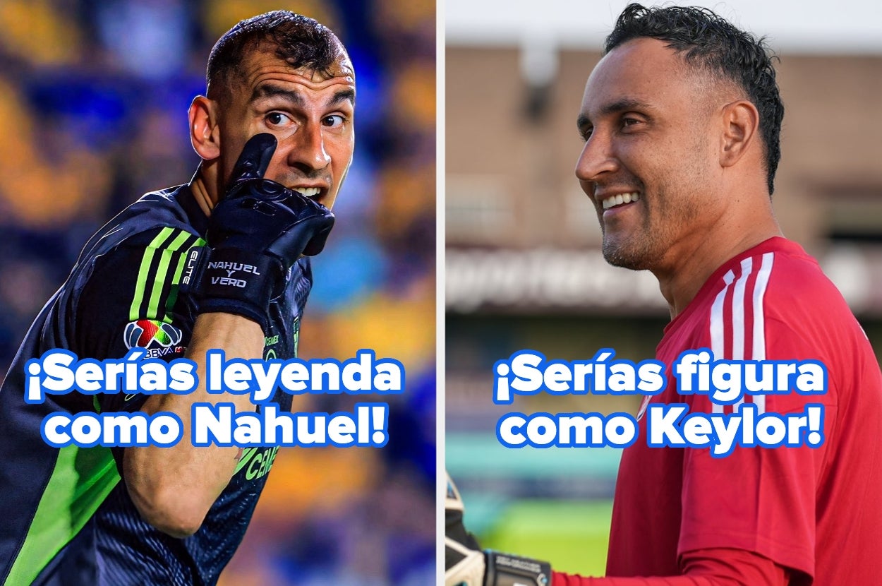 Dos imágenes de futbolistas sonrientes. Texto: "¡Serías leyenda como Nahuel!" y "¡Serías figura como Keylor!"
