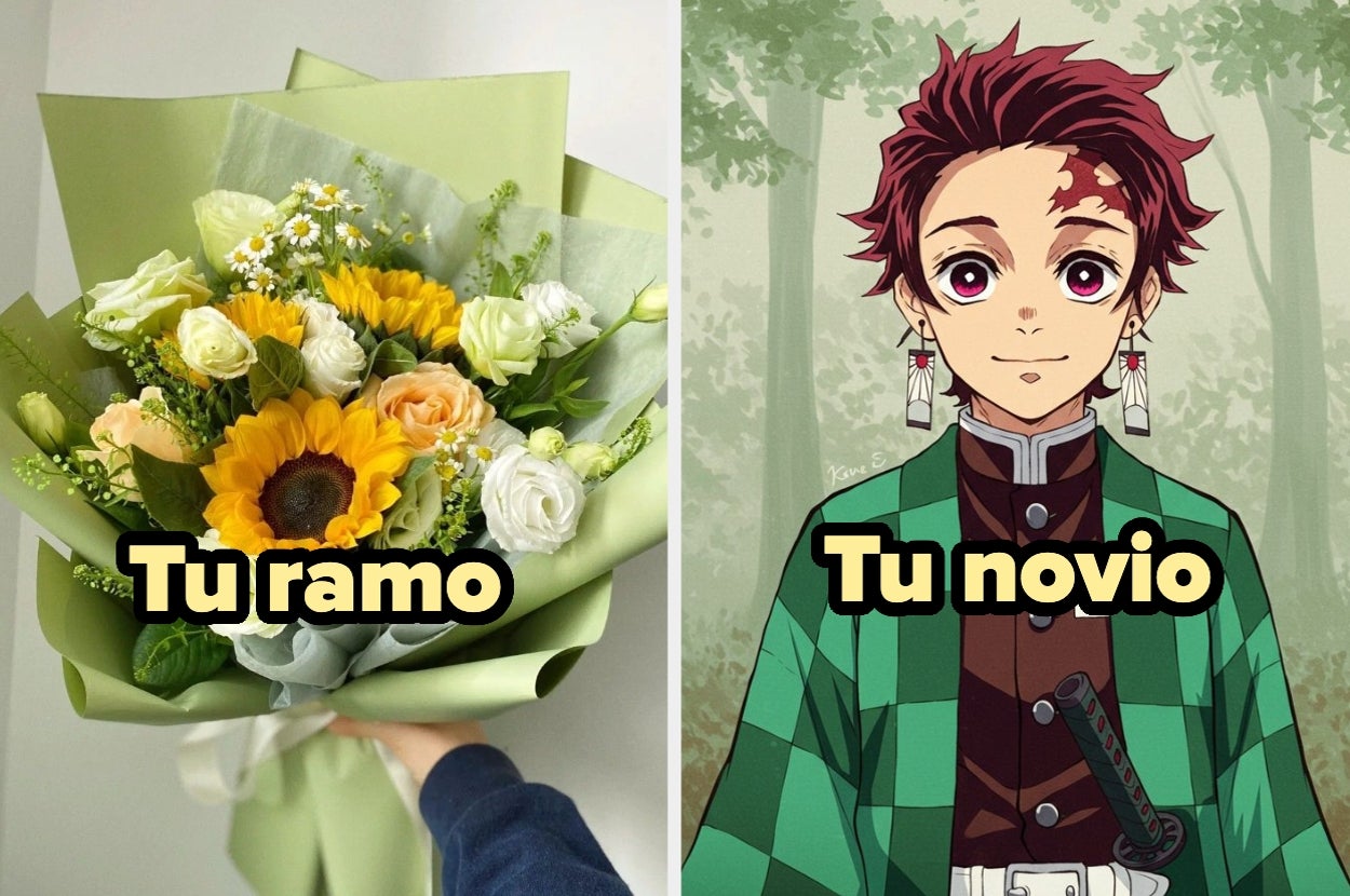 Mano sostiene ramo de flores diversas a la izquierda. Personaje animado con aretes y cabello corto a la derecha. Texto: "Tu ramo, tu novio"