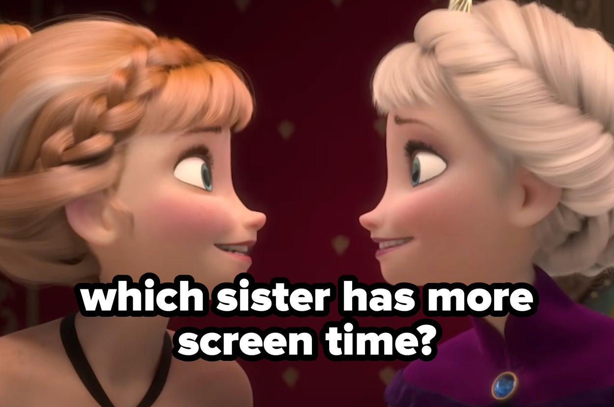 Two animated sisters from a movie smile at each other with text asking which has more screen time