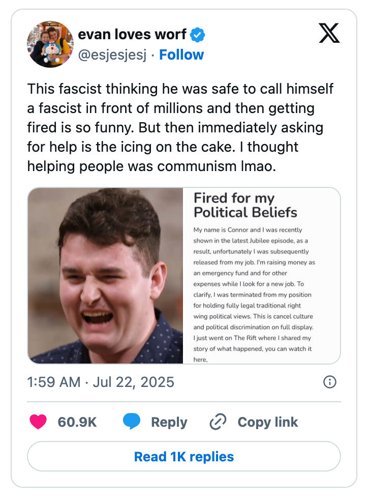 Tweet from @esjesjesj sharing a post titled &quot;Fired for my Political Beliefs&quot; by Connor, discussing being fired for identifying as a fascist