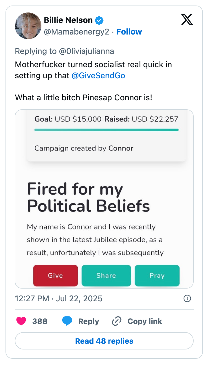 Social media post by Billie Nelson criticizing GiveSendGo fundraiser for &quot;Connor,&quot; fired for political beliefs, with options to give, praise, or copy link