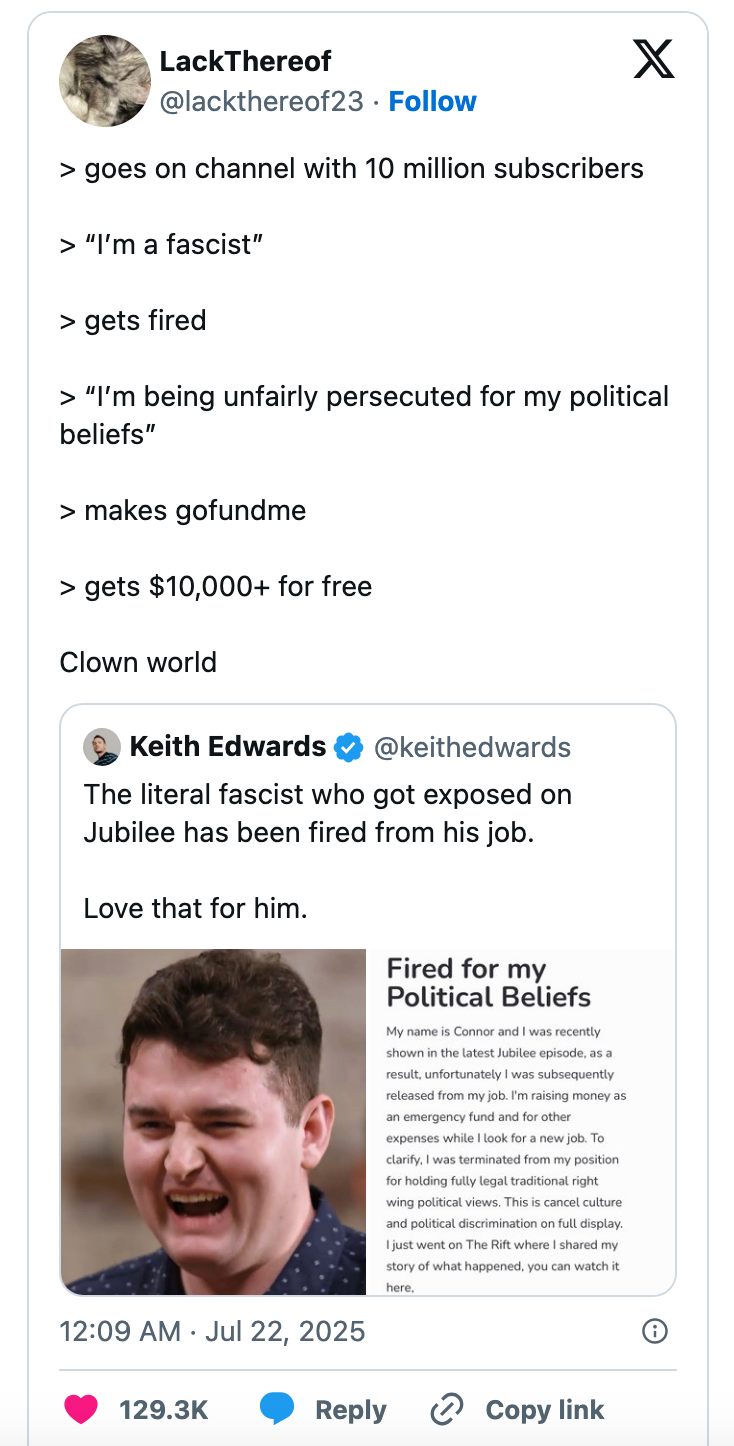 Tweet mocking a figure for claiming persecution after losing a job, referencing fascist self-identification. The tweet includes sarcastic comments