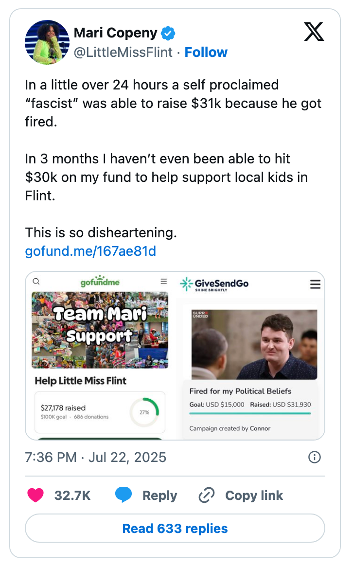 Tweet by Mari Copeny discussing fundraising challenges and sharing screenshots of GoFundMe and GiveSendGo support pages