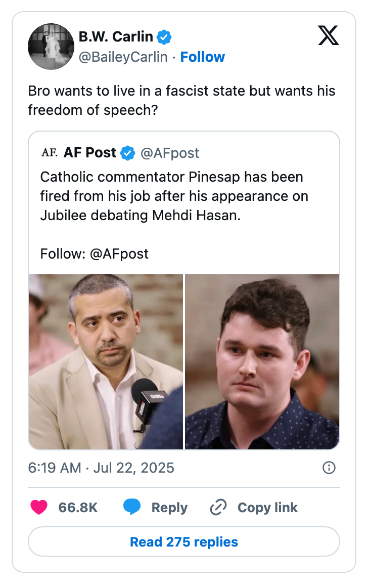Tweet by B.W. Carlin criticizing a Catholic commentator fired after a Jubilee debate with Mehdi Hasan