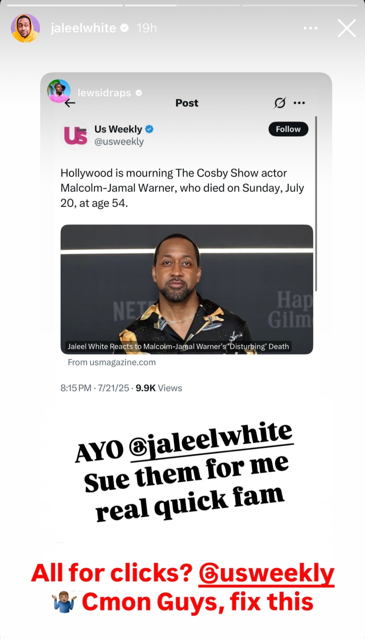 A social media post mistakenly uses Jaleel White's photo for news about the death of Malcolm-Jamal Warner, prompting a response from Jaleel