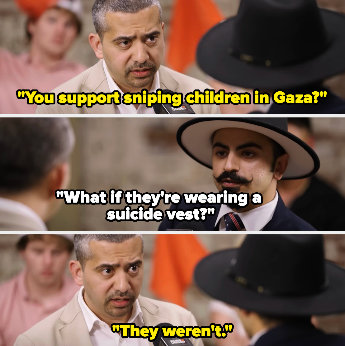 Two men in discussion; one questions supporting sniping children in Gaza, the other responds hypothetically about a suicide vest