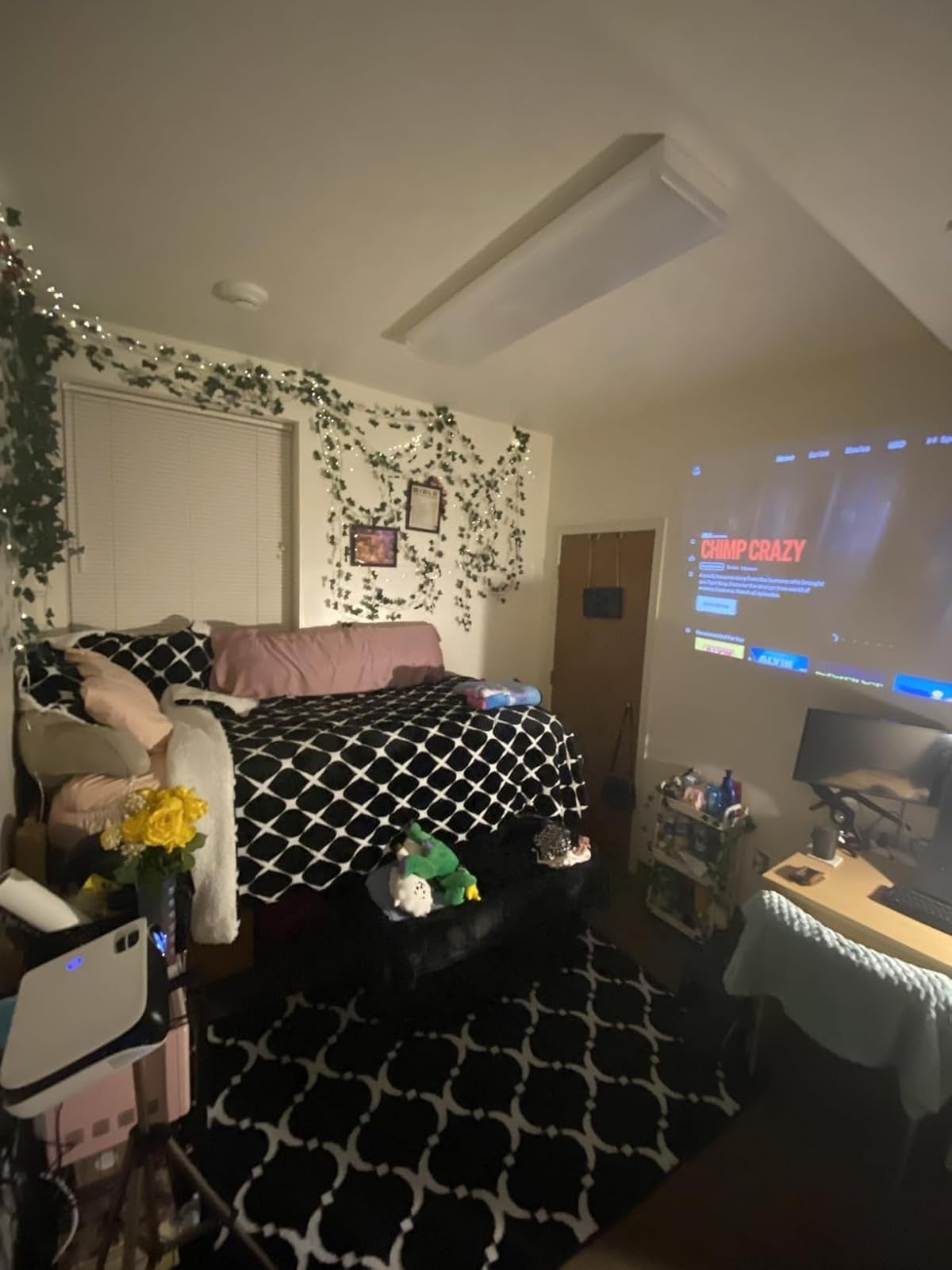 Cozy country   with loft bed, geometric bedding, and decorative vines. A machine  surface  displays an online buying  leafage   titled 