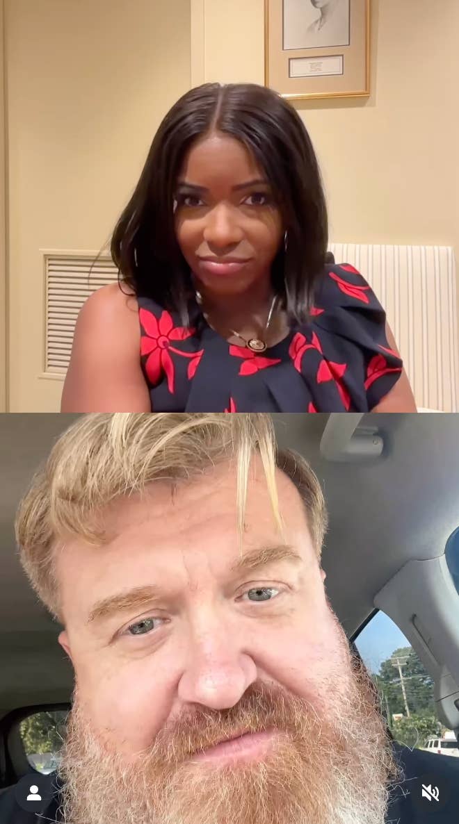 split screen of the Jolly Good Ginger interviewing Jasmine Crockett from his car