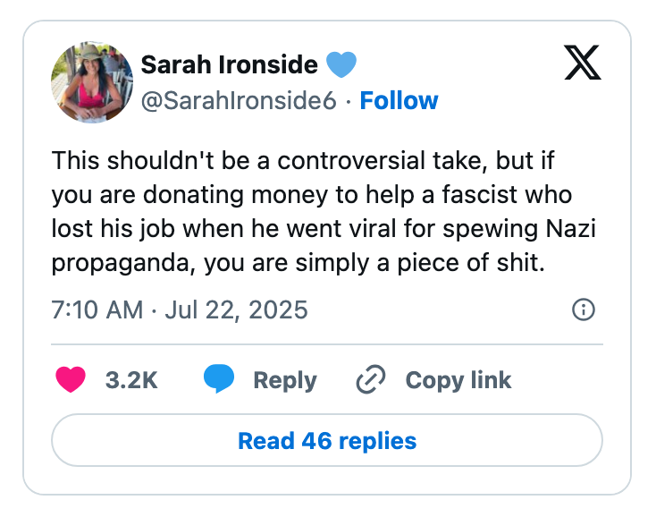 Tweet by Sarah Ironside criticizing donations to a person who lost their job for spreading Nazi propaganda