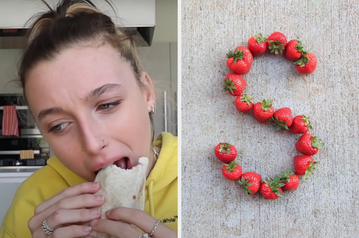 On the left, Emma Chamberlain eating a burrito, and on the right, strawberries arranged into the letter S