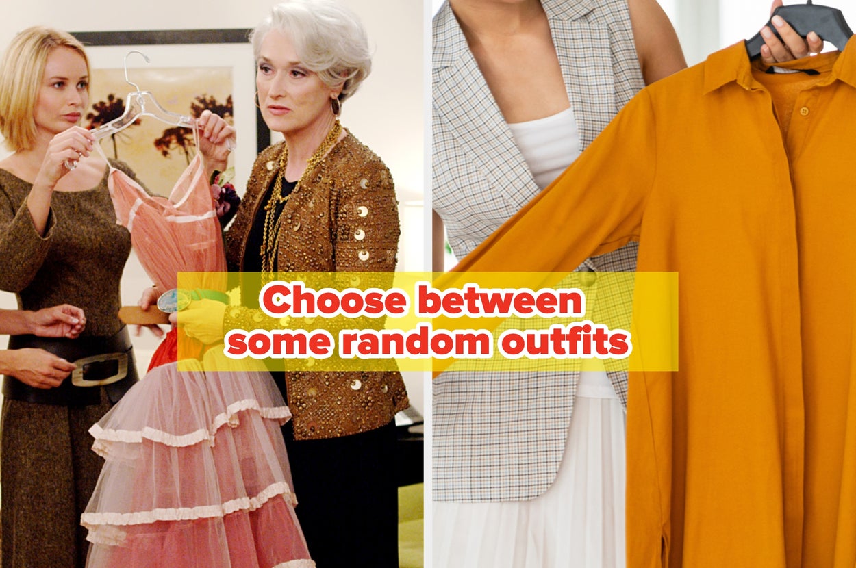 Two women assessing a pink ruffled dress; another person holding up an orange dress. Text: "Choose between some random outfits."