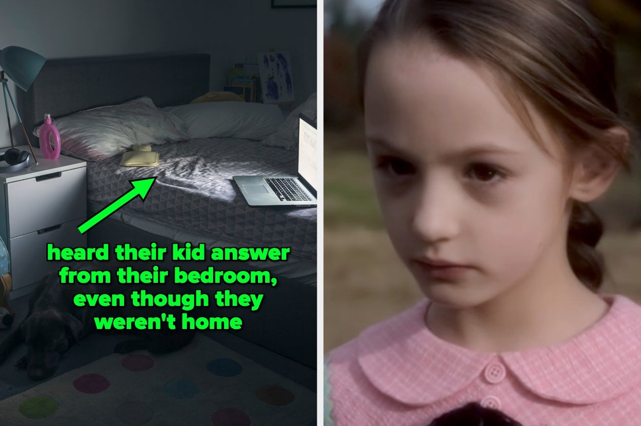 On the left, a kid's response heard via phone in an empty bedroom. On the right, a girl with an unsettling expression