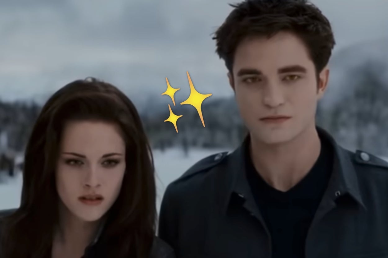 Two characters from a movie scene stand in a snowy landscape, looking serious. A sparkle effect is added between them