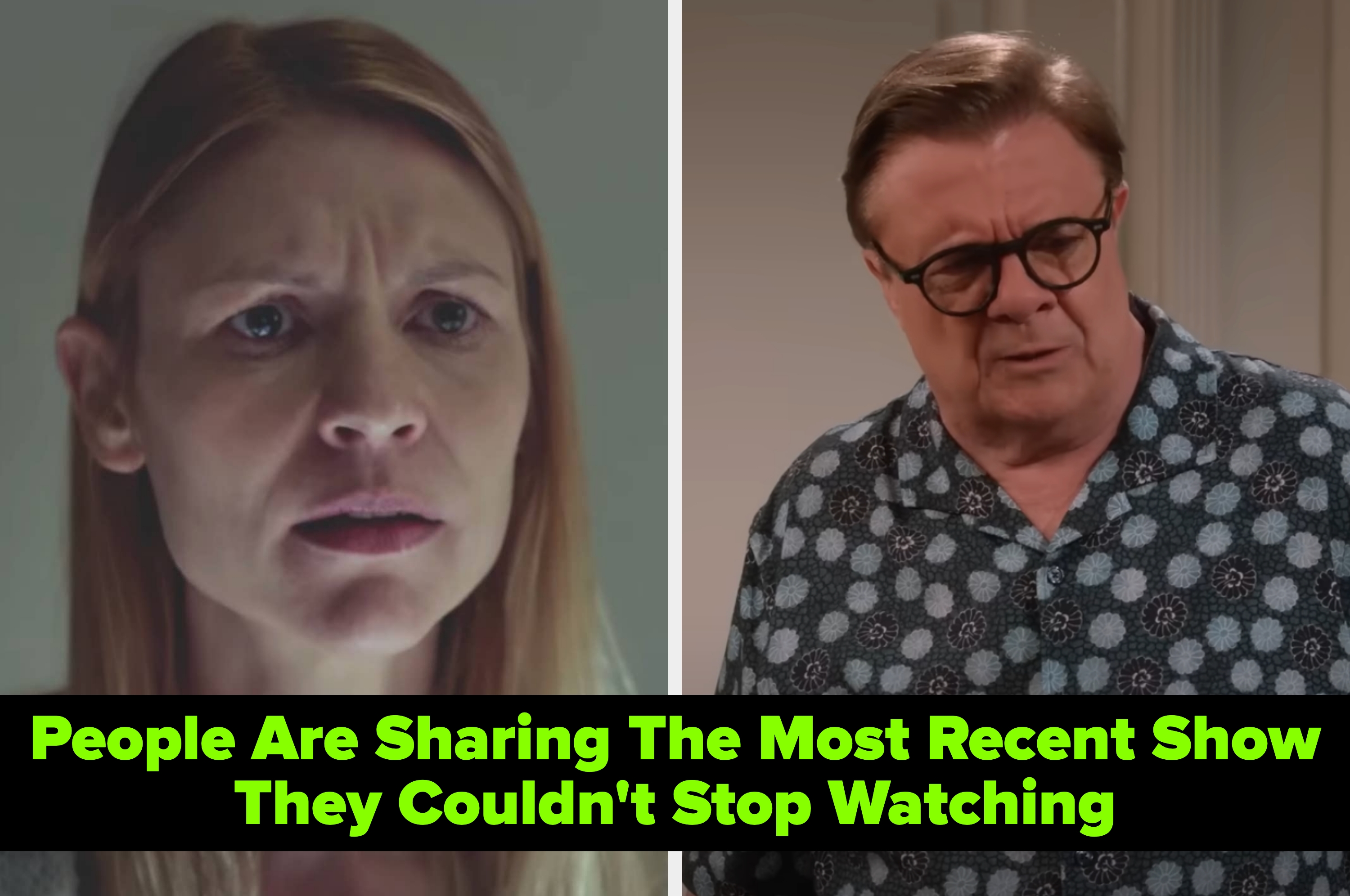 Side-by-side shots of two actors in a dramatic scene; one appears concerned, the other in patterned shirt looks perplexed