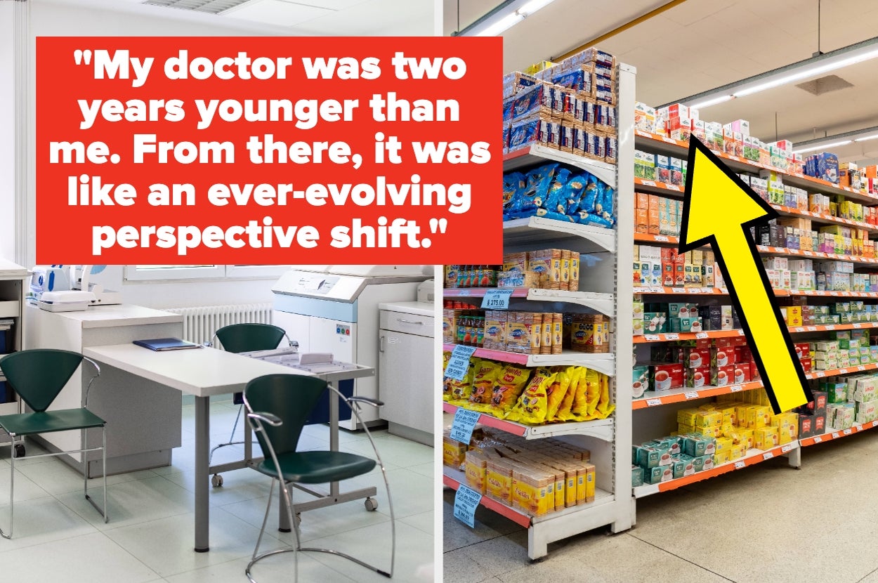 Doctor's office with chairs and medical equipment next to a grocery aisle stocked with products; text: "My doctor was two years younger than me..."