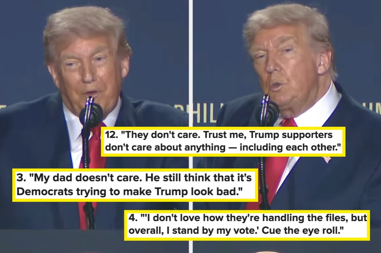 A person speaking at a podium with highlighted text excerpts discussing Trump supporters, Democrats, and handling files