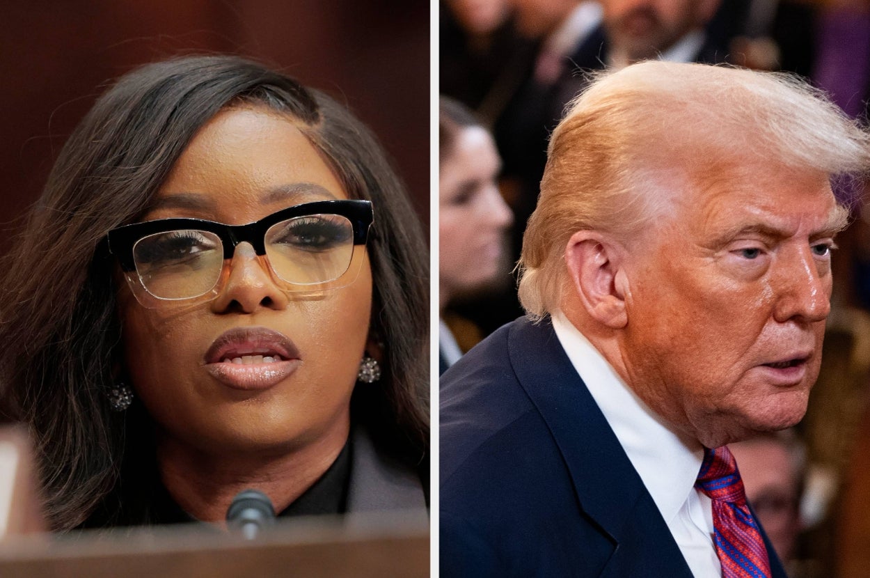 Jasmine Crockett speaking during a congressional hearing; Donald Trump looking to the side in a crowd of people