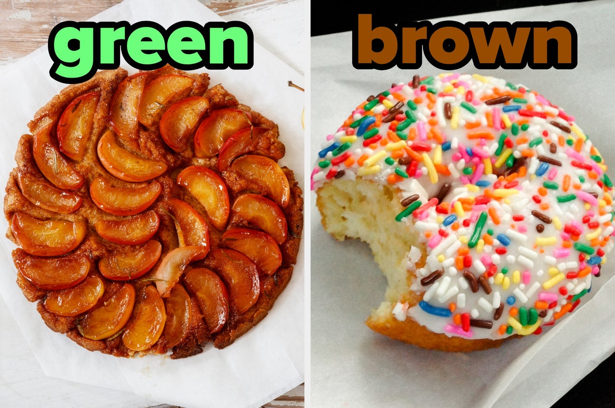 On the left, an apple tart labeled green, and on the right, a donut with vanilla frosting and sprinkles labeled brown