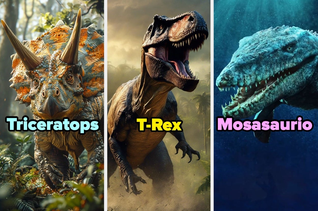 Tres dinosaurios: Triceratops con cuernos, T-Rex de pie con boca abierta, y Mosasaurio en un ambiente acuático