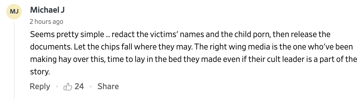 Comment discussing releasing redacted documents related to a controversial figure and addressing right-wing media involvement