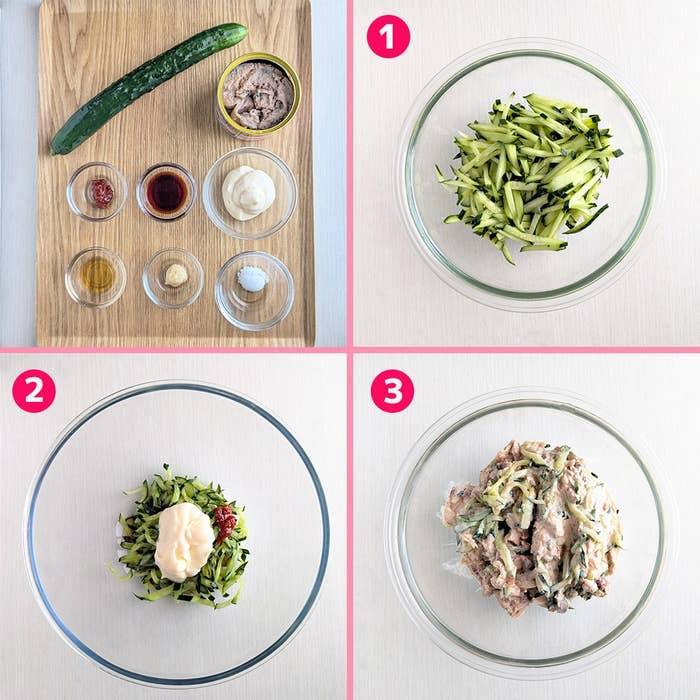 料理の手順を示す画像。材料はキュウリ、さば、マヨネーズなど。手順は材料を混ぜて完成。