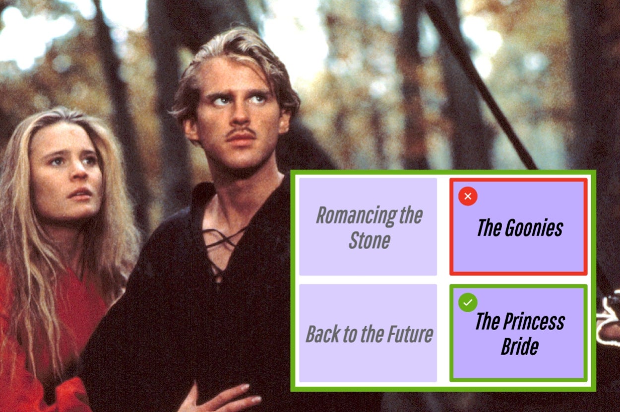 A scene from "The Princess Bride" with overlay text showing a quiz on movie scenes, including incorrect choices and the correct choice: "The Princess Bride."