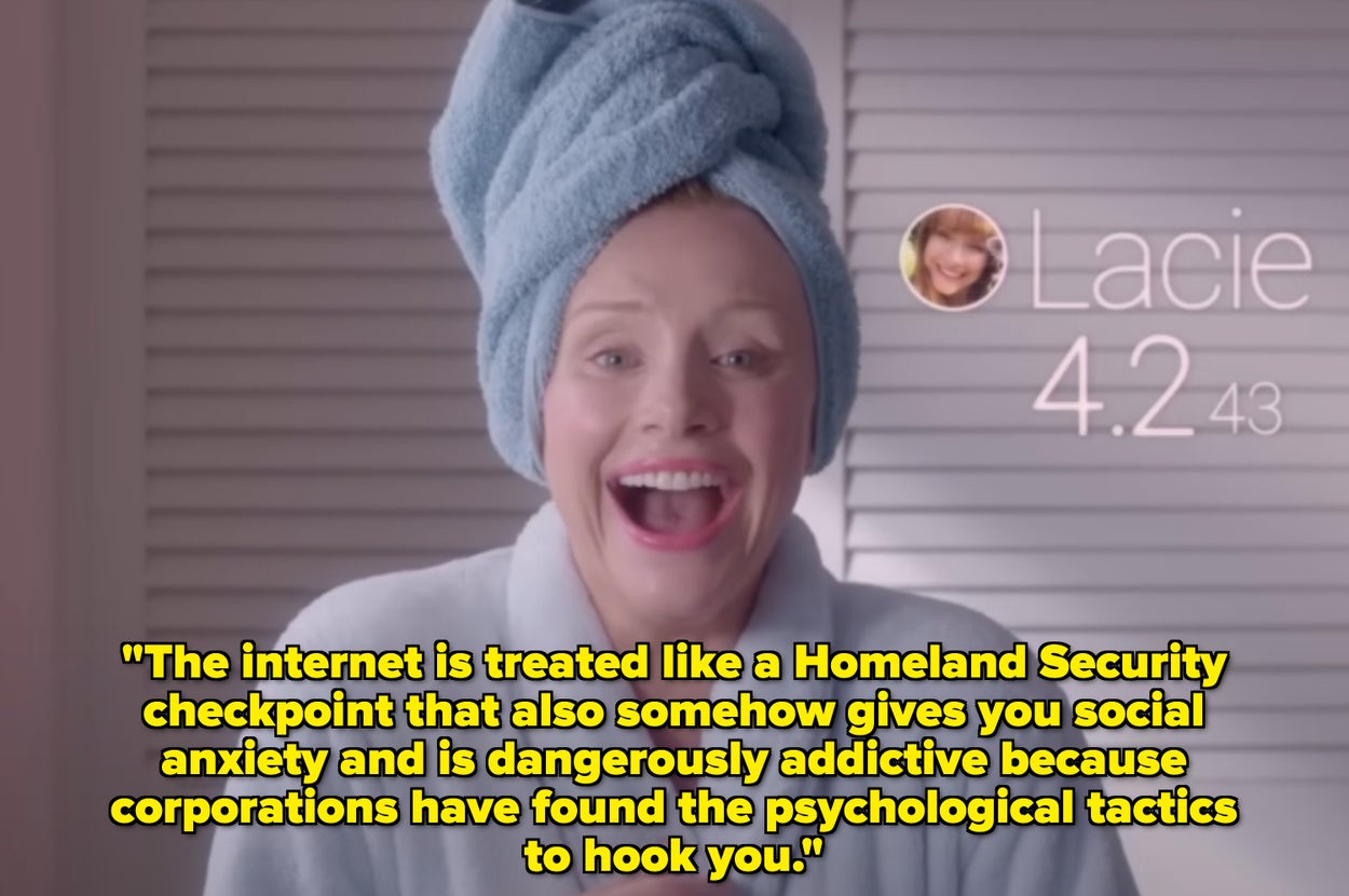 Woman with hair wrapped in a towel smiles widely. Text overlay discusses the internet causing social anxiety and being addictive due to corporate tactics