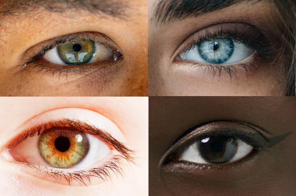 Four close-up photos of different people's eyes