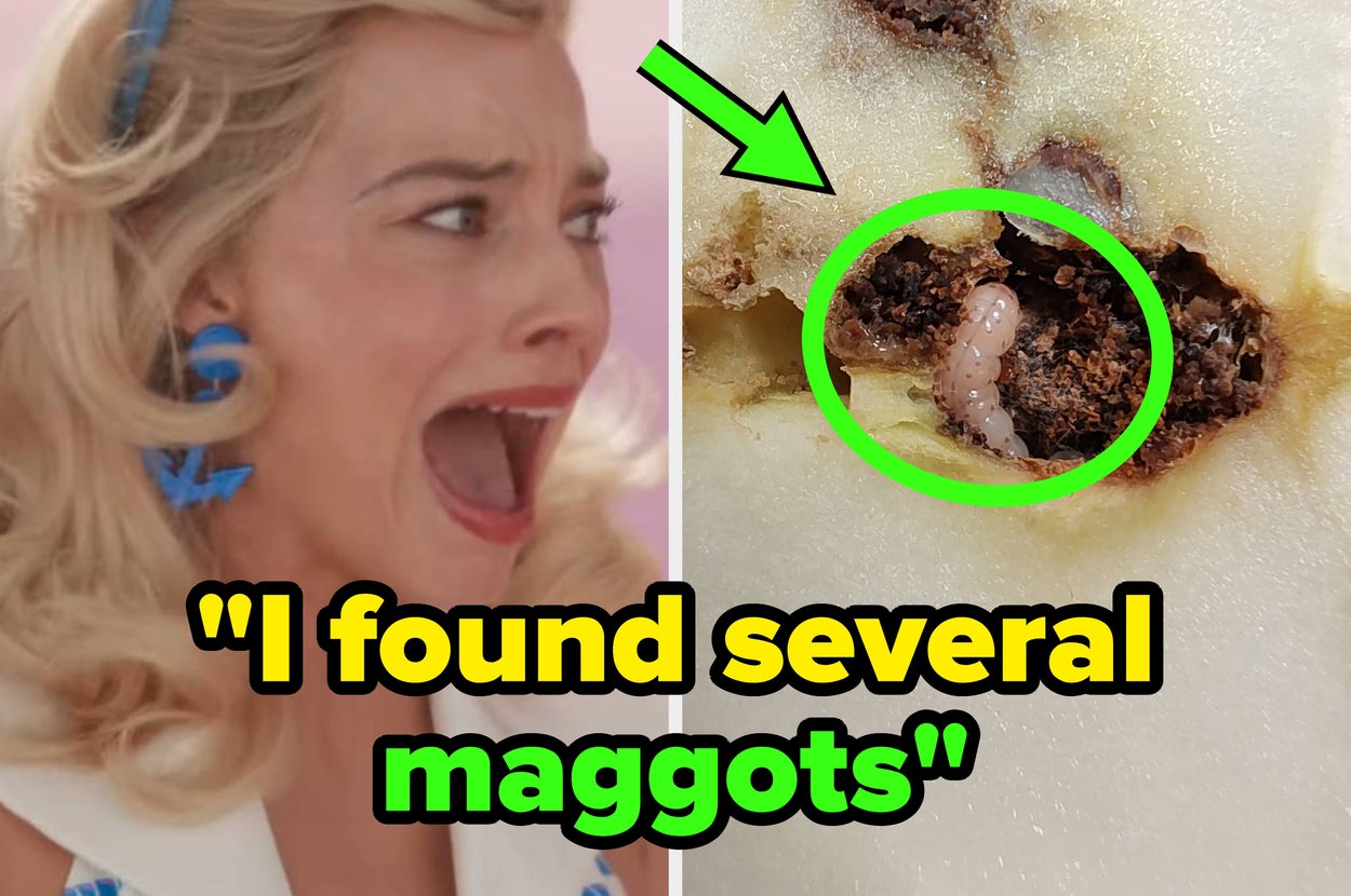 A person appears shocked next to a close-up of a fruit with visible maggots. Text reads, "I found several maggots."