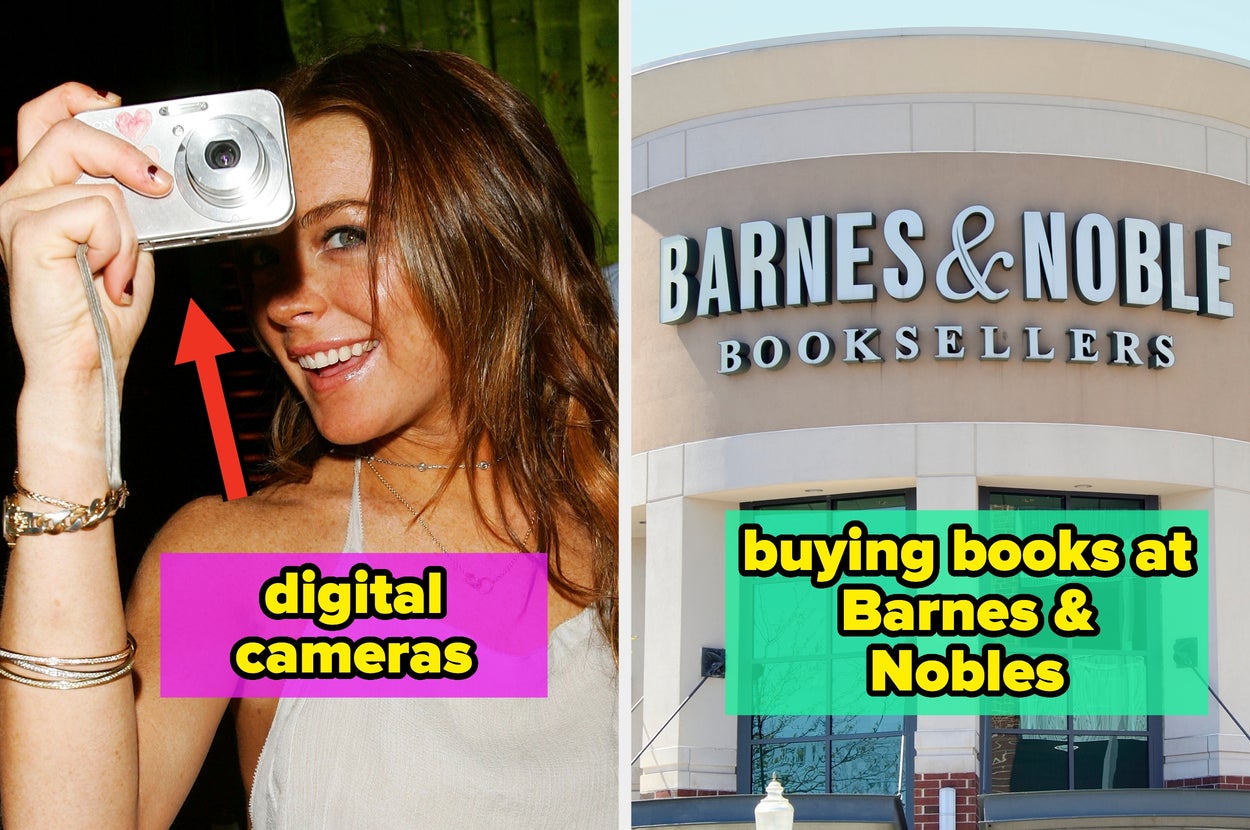 A person using a digital camera and a Barnes & Noble storefront highlight nostalgic trends for an article categorized as Rewind