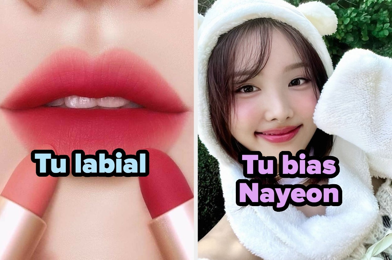 Labios maquillados a la izquierda. A la derecha, joven con sombrero peludo y sonrisa. Textos: "Tu labial" y "Tu bias Nayeon"